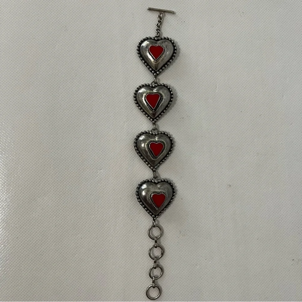 Vintage Silver Red Puffy Hearts Bracelet